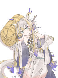  1girl absurdres arknights artist_name bare_shoulders blonde_hair blue_hair bright_pupils carrying_over_shoulder collarbone colored_extremities colored_skin commentary cowboy_shot dragon_girl dragon_horns dragon_tail eastern_dragon_tail grey_hair hair_between_eyes hair_ornament hair_stick hand_on_own_hip hay_bale highres horns jacket kuramidomoyasi leaning_to_the_side long_hair long_sleeves looking_at_viewer multicolored_hair off_shoulder open_clothes open_jacket pants shu_(arknights) simple_background smile solo split_mouth strapless tail tube_top white_background white_jacket white_pants white_pupils white_tube_top yellow_skin 