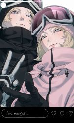  1boy 1girl blonde_hair blue_eyes brother_and_sister char_aznable commentary fake_phone_screenshot fake_screenshot goggles goggles_on_head gundam gundam_gquuuuuux highres jacket kena131 looking_at_viewer mobile_suit_gundam sayla_mass selfie short_hair siblings ski_gear ski_goggles smile untranslatable_commentary upper_body v 