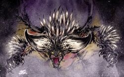  absurdres arm_spikes back_spikes calligraphy_brush_(medium) claws commentary_request deadpool_yuchan dragon highres large_horns looking_at_viewer monster monster_focus monster_hunter:_world monster_hunter_(series) nergigante no_humans scales sharp_teeth signature slit_pupils solo spikes teeth wings yellow_eyes 