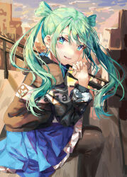  1girl absurdres aqua_eyes aqua_hair black_jacket black_pantyhose blue_hair blue_skirt blush commentary_request earrings green_hair hatsune_miku highres hood hooded_jacket interlocked_fingers jacket jewelry long_hair long_sleeves looking_at_viewer pantyhose parted_lips project_sekai sitting sitting_on_stairs skirt smile solo stairs twintails vivid_bad_squad_miku vocaloid yoru_usagi 