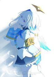  1girl amane_kanata amane_kanata_(1st_costume) angel_wings armband black_skirt blue_bow blue_bowtie blue_eyes blue_hair bow bowtie commentary_request cowboy_shot detached_wings falling_feathers feathered_wings feathers frilled_skirt frills guuuuuu41 head_tilt highres hololive jacket long_sleeves looking_ahead miniskirt multicolored_eyes multicolored_hair playing_with_own_hair sailor_collar short_hair sidelocks single_hair_intake skirt solo turtleneck two-tone_eyes two-tone_hair violet_eyes virtual_youtuber watermark white_hair white_jacket white_sailor_collar wings yellow_armband 