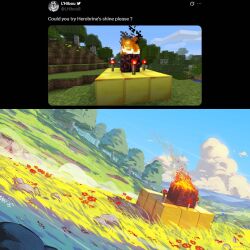  benii21 clouds commentary cumulonimbus_cloud english_commentary fire flower gold grass highres minecraft netherrack_(minecraft) no_humans outdoors red_flower redstone_torch reference_inset ritual shrine tree 