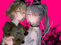  2girls closed_mouth dress expressionless green_dress green_eyes green_hair grey_eyes grey_hair hair_between_eyes hat highres holding_hands light_smile long_hair long_sleeves looking_at_viewer medium_hair mononobe_no_futo multiple_girls pink_background pom_pom_(clothes) ponytail shirt soga_no_tojiko tate_eboshi touhou upper_body white_shirt wssjzwcmd 