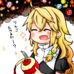  1girl :d ^_^ ahoge apple apple_peel blush braid closed_eyes commentary_request food fruit hair_ribbon kirisame_marisa knife looking_at_viewer messy_hair no_hat open_mouth peeling ribbon senmitu3/1000 single_braid smile solo sparkle touhou translated tress_ribbon 