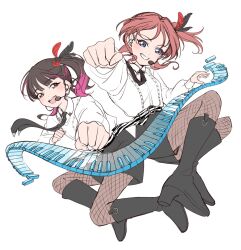  2girls black_boots black_hair black_necktie black_shorts blue_eyes boots breasts brown_eyes clenched_hand clenched_hands clenched_teeth commentary_request fishnet_pantyhose fishnets full_body headset highres long_sleeves looking_at_viewer love_live! love_live!_superstar!! multicolored_hair multiple_girls nanoka_(channano) necktie official_alternate_costume open_mouth pantyhose piano_keys ponytail real_life red_hair shirt shorts simple_background sky_linker_(love_live!) smile teeth two-tone_hair upper_teeth_only voice_actor white_background white_shirt yabushima_akane yoneme_mei 