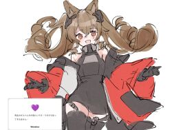  1girl :d angelina_(arknights) animal_ears arknights arknights:_endfield bare_shoulders black_gloves black_thighhighs breasts bright_pupils brown_hair coat cowboy_shot dress elbow_gloves floating_hair fox_ears fox_girl genshou_ex gilberta_(arknights) gloves grey_dress hair_between_eyes headpiece high_collar long_hair long_sleeves looking_at_viewer medium_breasts no_nose off_shoulder orange_eyes outstretched_arms red_coat request_inset short_dress simple_background sleeveless sleeveless_dress smile spread_arms thigh-highs translation_request twintails wavebox white_background white_pupils zettai_ryouiki 