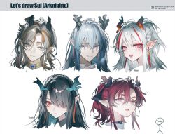  2girls 3boys arknights artist_name black_hair blue_hair brown_hair character_name colored_inner_hair commentary cropped_head dragon_horns dusk_(arknights) earrings fang frown green_hair grey_hair hair_over_one_eye hashtag-only_commentary highres horns jewelry ji_(arknights) lentain looking_at_viewer multicolored_hair multiple_boys multiple_girls nian_(arknights) open_mouth pink_eyes pointy_ears qr_code red_eyes red_hair siblings simple_background smile stick_figure streaked_hair tassel tassel_earrings white_background white_hair yi_(arknights) yu_(arknights) 