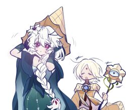  062_moke 1boy 1girl arm_wrap bad_id bad_twitter_id braid cape closed_eyes closed_mouth cookie_run cookie_run:_kingdom dress green_dress hat highres holding holding_staff long_hair open_mouth pink_eyes pure_vanilla_cookie simple_background staff very_long_hair white_background white_hair white_lily_cookie yellow_cape yellow_hat 