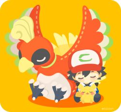  1boy acerola_(pokemon) artist_name ash_ketchum baseball_cap bird chibi chibi_only hat ho-oh pikachu pokemon pokemon_(anime) pokemon_(classic_anime) pokemon_(creature) rizu_(rizunm) sleeping yellow_background 