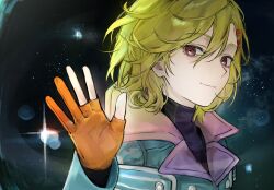  1other androgynous black_shirt commentary gloves gnosia green_hair green_jacket hair_between_eyes hair_ornament hairclip hand_up hashtag-only_commentary highres jacket long_sleeves looking_at_viewer medium_hair orange_gloves oru_goru other_focus partially_fingerless_gloves red_eyes setsu_(gnosia) shirt smile sparkle star_(sky) turtleneck untranslatable_commentary 