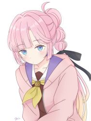 1girl ahoge anyoji_hime black_ribbon blonde_hair blunt_bangs blunt_sidelocks blush brown_dress buchiko_(shakishaki25726) collarbone commentary dress gradient_hair hair_intakes hair_ribbon hasu_no_sora_school_uniform highres hood hooded_jacket jacket link!_like!_love_live! long_sleeves looking_at_viewer love_live! multi-tied_hair multicolored_hair neckerchief open_clothes open_jacket pink_hair pink_jacket ponytail ribbon sailor_collar sailor_dress school_uniform sidelocks signature simple_background solo upper_body virtual_youtuber white_background white_sailor_collar winter_uniform yellow_neckerchief 