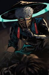  2boys aqua_eyes black_hair black_hat black_pants black_shirt bul_jelly chain commentary english_commentary finger_to_mouth gloves hashtag-only_commentary hat highres male_focus mask mizuki_(overwatch) multiple_boys overwatch pants shirt short_hair sleeves_rolled_up solo_focus white_hair 