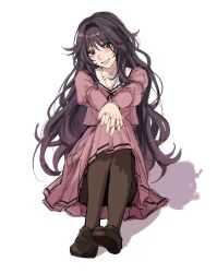  1girl aitsuwu black_hair black_hairband black_pantyhose blue_eyes brown_shoes commentary english_commentary full_body grin hairband hands_on_own_knees head_tilt highres kaoru_hana_wa_rin_to_saku kikyo_private_academy_school_uniform knees_up loafers long_hair long_sleeves looking_at_viewer own_hands_together pantyhose pink_serafuku pink_shirt pink_skirt sailor_collar school_uniform serafuku shadow shirt shoes simple_background sitting skirt smile solo twitter_username very_long_hair waguri_kaoruko white_background white_sailor_collar 