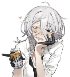  alcohol asahi_breweries beer beer_can black_eyes black_hair black_necktie blush can drink_can drunk gloves grey_hair half_gloves head_rest highres holding holding_can jericho_(wabuwabu_05) loose_necktie necktie one_eye_closed open_mouth original pointing shirt wabuwabu_05 white_shirt 
