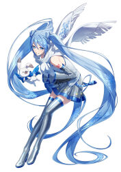  13_(bbr584607091) 1girl absurdly_long_hair absurdres animal aqua_eyes aqua_hair arm_tattoo boots commentary_request detached_sleeves earmuffs full_body gradient_hair grey_boots grey_skirt grey_sleeves hair_between_eyes hair_ornament hands_on_own_chest hashtag-only_commentary hatsune_miku highres long_hair long_sleeves looking_at_viewer multicolored_hair number_tattoo official_alternate_costume open_mouth pleated_skirt rabbit rabbit_yukine scarf shirt simple_background skirt sleeveless sleeveless_shirt smile snow_rabbit snowflake_print snowflakes tattoo thigh_boots thighs twintails very_long_hair vocaloid white_background white_rabbit_(animal) white_scarf white_shirt wide_sleeves yuki_miku yuki_miku_(2011) zettai_ryouiki 