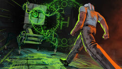  1boy animal_ears arm_tattoo benii21 blonde_hair chain commission dreadlocks green_eyes highres magic_circle meme muscular muscular_male oh?_you're_approaching_me?_(meme) original pants rabbit_ears robot shirt short_hair short_sleeves slit_pupils tattoo walking white_shirt 