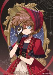  1girl absurdres bisho_imobing_hito black_gloves blue_eyes bonnet brown_hair collarbone commentary_request dress gloves haibara_ai highres holding holding_mask looking_at_viewer mask meitantei_conan mirror red_bonnet red_dress short_sleeves silk smile solo spider_web upper_body 