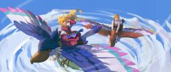  1boy 1girl absurdres bird blonde_hair blunt_bangs commentary dress flying green_ribbon hair_ribbon hand_in_own_hair highres kiyoshi62 link loftwing long_dress long_hair low-tied_long_hair open_mouth pink_dress pink_ribbon pointy_ears princess_zelda ribbon riding riding_bird shawl shirt short_hair shoulder_belt sidelocks smile the_legend_of_zelda the_legend_of_zelda:_skyward_sword untranslatable_commentary white_shawl white_shirt 