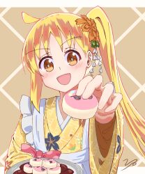  1girl :d absurdres ahoge apron blonde_hair bocchi_the_rock! bow brown_background choppy_bangs commentary_request cookie food foodification frilled_apron frills gotoh_hitori grid_background hair_ornament highres holding holding_cookie holding_food ijichi_nijika japanese_clothes kanzashi kimono long_hair looking_at_viewer maid_apron open_mouth orange_eyes plate polka_dot polka_dot_bow reaching reaching_towards_viewer red_bow side_ponytail smile solo upper_body vbpicture white_apron yellow_kimono 