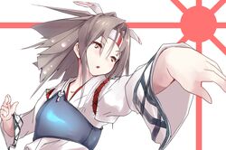  brown_eyes brown_hair bust hachimaki headband kantai_collection long_hair muneate open_mouth ponytail pose yuky_(cassis_powder) zuihou_(kantai_collection) 