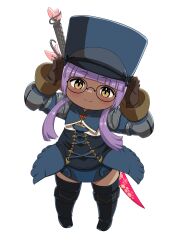  1girl absurdres blue_hat closed_mouth commentary_request commission commissioner_upload dark-skinned_female dark_skin final_fantasy final_fantasy_xiv glasses hat highres lalafell long_hair looking_at_viewer pixiv_commission purple_hair shelldy transparent_background warrior_of_light_(ff14) 