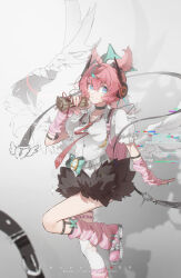  1girl absurdres aqua_streaks aria_(zenless_zone_zero) arm_warmers bandaid bandaid_hair_ornament black_choker black_skirt breasts chinese_commentary choker collared_shirt commentary_request cosplay crossed_bangs fur-trimmed_skirt fur_trim hair_between_eyes hair_ornament highres leg_warmers looking_at_viewer mechanical_ears multicolored_hair multiple_thigh_straps muyu_bu_huahua necktie pink_arm_warmers pink_bag pink_hair pink_leg_warmers red_necktie shirt skirt small_breasts smile solo standing standing_on_one_leg streaked_hair striped_arm_warmers striped_leg_warmers sunna_(zenless_zone_zero) sunna_(zenless_zone_zero)_(cosplay) thigh_strap white_shirt white_wings winged_bag wings zenless_zone_zero 