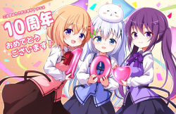 3girls :d =_= angora_rabbit animal_ears animal_on_head anniversary apron balloon black_bow blowgun_power blue_bow blue_eyes blue_hair blue_skirt blue_theme bow buttons cat_ears collared_shirt commentary_request confident congratulations contrapposto cowboy_shot dot_nose floating_clothes gochuumon_wa_usagi_desu_ka? hair_ornament hair_tie happy_anniversary heart_balloon highres holding holding_balloon light_blush long_hair long_sleeves looking_at_viewer matching_outfits medium_hair multiple_girls number_balloon on_head open_mouth orange_hair purple_bow purple_hair purple_skirt purple_theme rabbit rabbit_house_uniform rabbit_on_head red_bow red_skirt red_theme shirt skirt smile streamers tippy_(gochiusa) translated twintails violet_eyes white_shirt winter_uniform x_hair_ornament 