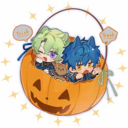  2boys blue_hair chibi chibi_only commentary ensemble_stars! fang green_hair halloween_bucket highres looking_at_viewer male_focus multiple_boys one_eye_closed paw_pose pcal_pcal sazanami_jun short_hair simple_background sparkle speech_bubble tomoe_hiyori trick_or_treat untranslatable_commentary upper_body violet_eyes white_background yellow_eyes 