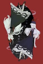  2girls black_shoes blue_dress blue_hat bobby_socks bow commentary_request dress dual_persona ex-keine facing_another floating floating_hair footwear_bow from_side full_body green_dress green_hair hat hat_bow highres horn_bow horn_ornament horns kamishirasawa_keine long_hair looking_at_another moon_phases multiple_girls muted_color no_eyes puffy_short_sleeves puffy_sleeves red_background red_bow shoes short_sleeves skirt socks spice_(ftsyume) touhou upside-down white_hair 