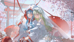  2girls absurdres bang_dream! bang_dream!_it's_mygo!!!!! blue_hair bridal_gauntlets bridal_veil cherry_blossoms chinese_commentary commentary_request detached_sleeves dress falling_petals green_hair hair_ornament hairclip highres hug hug_from_behind japanese_clothes kimono long_hair maoerduo_meow multiple_girls oil-paper_umbrella open_mouth petals red_umbrella sidelocks togawa_sakiko torii umbrella veil wakaba_mutsumi wedding_dress white_dress white_kimono wife_and_wife yellow_eyes yuri 