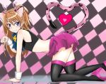  1girl all_fours animal_ears bell black_legwear blue_eyes bow brown_hair cat_ears cat_tail checkered checkered_background crop_top gen_(renoir1124) heart heart_tail high_heels houjou_hibiki jingle_bell kemonomimi_mode long_hair miniskirt panther_pink_(precure) paw_pose pink_skirt precure skirt smile solo suite_precure tail thigh-highs two_side_up wrist_cuffs 