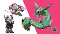  1girl ansha_(pokemon) backpack bag black_coat black_sclera black_shoes blacknirrow blue_eyes character-themed_food child claws closed_eyes closed_mouth coat colored_sclera commentary doughnut dragon eastern_dragon eating eyelashes fangs floating food food_bite full_body grey_hair hat highres holding holding_donut holding_food hoopa hoopa_(confined) horns leg_warmers long_hair open_mouth outline pink_leg_warmers pink_scarf pokemon pokemon_(creature) pokemon_legends:_z-a portal_(object) rayman_limbs rayquaza scarf shoes simple_background smile standing thick_eyebrows through_portal two-tone_background white_bag white_hat white_outline yellow_eyes 