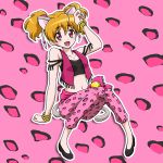  1girl animal_ears bell bracelet brown_hair cat_ears cat_tail fresh_precure! jewelry jingle_bell kemonomimi_mode momozono_love niita panther_pink_(precure) pants pink_background pink_eyes precure shoes short_hair short_twintails smile solo tail twintails vest 