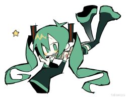  1girl aqua_boots aqua_eyes aqua_hair aqua_necktie aqua_trim bare_shoulders black_boots black_sleeves boots closed_mouth collared_shirt colored_shoe_soles detached_sleeves double-parted_bangs feet_up flat_chest full_body grey_shirt hair_between_eyes hair_ornament hand_on_own_cheek hand_on_own_face hand_up hashtag-only_commentary hatsune_miku headset highres knees_together_feet_apart long_hair long_sleeves looking_at_viewer lying multicolored_boots necktie no_pupils number_tattoo on_stomach pale_skin platform_boots shirt shoulder_tattoo sidelocks simple_background sleeves_past_fingers sleeves_past_wrists smile solo star_(symbol) takawoyu tattoo thigh_boots twintails twitter_username two-tone_boots very_long_hair vocaloid wavy_hair white_background wide_sleeves zettai_ryouiki 