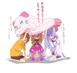  1boy 3girls absurdres aisaki_emiru aqua_eyes barefoot black_choker black_shorts blouse blue_shorts bow bowtie brown_hair child choker closed_eyes commentary cone_hair_bun double_bun ellee-chan hair_bun hairband highres hirogaru_sky!_precure hugtto!_precure in-franchise_crossover knee_up kneeling konsuke0 kururun_(precure) leaning_forward lifting_object long_hair looking_at_another medium_hair miniskirt multiple_girls off-shoulder_shirt off_shoulder open_mouth orange_hair oversized_object pink_skirt precure purple_hair red_bow red_bowtie red_hairband ruru_amour shirt short_hair short_sleeves shorts sitting skirt smile stuffed_seal suspender_skirt suspenders thigh-highs translated tropical-rouge!_precure twintails two_side_up violet_eyes white_background white_shirt white_thighhighs yellow_hairband yellow_shirt yuunagi_tsubasa 