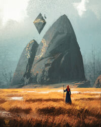  1girl absurdres artist_name boulder clouds cloudy_sky commentary english_commentary fantasy floating_rock from_behind highres holding holding_staff landscape long_hair original painterly raja_nandepu red_hair scenery sky staff wheat_field 