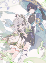  1boy 1girl armor black_hair bloomers detached_sleeves dress genshin_impact green_eyes green_hair green_sleeves grey_hair hair_between_eyes hat japanese_armor japanese_clothes jingasa kote kurokote long_hair multicolored_hair mxkjxm_(nhss2337) nahida_(genshin_impact) pointy_ears scaramouche_(genshin_impact) side_ponytail sidelocks simple_background sleeveless sleeveless_dress smile tassel vision_(genshin_impact) wanderer_(genshin_impact) white_bloomers white_dress 
