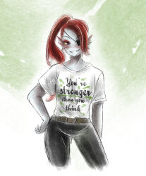  1girl 2017 2d alternate_costume anthro bad_id bad_tumblr_id belt black_eyepatch black_pants blue_skin brown_belt clothes_writing colored_sclera colored_skin colored_teeth contrapposto cropped_legs digital_media ear_fins eyepatch female female_only fins fish fish_girl gradient_background green_background half-closed_eye hand_on_own_hip head_fins high_ponytail long_hair looking_at_viewer monster monster_girl pants ponytail red_hair sharp_teeth shirt simple_background sinfulzany solo standing t-shirt teeth third-party_source undertale undyne utdr_(toby_fox) white_background white_shirt yellow_sclera yellow_teeth 