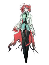  1girl absurdres aqua_shirt black_necktie black_pants coat commentary_request drill_hair highres kasane_teto killlb necktie pants red_hair shirt simple_background sleeves_past_wrists striped_clothes synthesizer_v torn_clothes twin_drills twirling_hair two-sided_coat two-sided_fabric utau vertical-striped_clothes white_background white_coat 