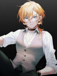  1boy black_choker black_pants blue_eyes bungou_stray_dogs buttons choker collared_shirt commentary_request dated grey_vest hand_in_pocket korean_commentary male_focus nakahara_chuuya_(bungou_stray_dogs) orange_hair pants sanddek shirt short_hair signature sitting smile solo vest waistcoat white_shirt 
