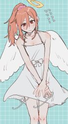  1boy androgynous angel angel_devil_(chainsaw_man) angel_wings bare_arms bow chainsaw_man checkered_background clothes_grab commentary_request dress feathered_wings flying_sweatdrops glowing glowing_halo halo highres kyuaodi looking_down male_focus orange_hair ponytail red_eyes skirt skirt_grab skirt_tug sleeveless sleeveless_dress solo spaghetti_strap sundress sweat sweatdrop traditional_halo white_bow white_dress white_wings wings 
