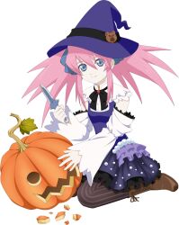  1girl artist_request black_pantyhose black_ribbon blue_dress blue_eyes blue_hat blue_ribbon boots breasts brown_boots carving closed_mouth dagger detached_sleeves dress full_body game_cg hair_ribbon halloween halloween_costume hat highres holding holding_dagger holding_knife holding_weapon jack-o'-lantern knife long_hair looking_at_viewer official_alternate_costume official_art pantyhose pink_hair presea_combatir pumpkin ribbon sitting smile solo striped_clothes striped_pantyhose tales_of_(series) tales_of_asteria tales_of_symphonia third-party_source transparent_background wariza weapon white_sleeves witch_hat 