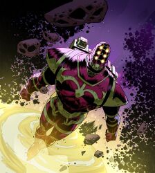  1boy armor asteroid energy_field eson_the_searcher_(marvel) eternals_(marvel) extra_eyes flying galaxy glowing glowing_eyes green_armor green_helmet helmet highres leo_chiola marvel marvel_snap mecha mecha_focus nebula no_humans robot solo space star_(sky) thrusters zero_gravity 