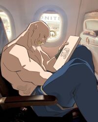  1boy aircraft airplane airplane_interior alex_louis_armstrong bald black_gloves blonde_hair blue_pants cheekbones cleft_chin closed_eyes derivative_work drawing_(object) facial_hair feet_out_of_frame fingerless_gloves fullmetal_alchemist gloves highres holding holding_drawing lyjee_alt male_focus manly muscular muscular_male mustache pants photo_background sitting solo topless_male 