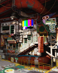  absurdres blurry blurry_foreground cable cheef0ng commentary english_commentary highres industrial_pipe neon_lights no_humans original rust sign stairs test_card truss window 
