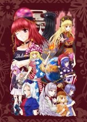  6+girls black_hair blood blood_on_weapon blue_eyes blue_hair chang'e_(touhou) clownpiece doremy_sweet earth_(planet) floral_border full_moon hecatia_lapislazuli highres holding holding_mallet junko_(touhou) kine kishin_sagume legacy_of_lunatic_kingdom looking_at_another looking_to_the_side mallet moon multiple_girls one_eye_closed planet purple_hair qingshuiwuyin_pary red_background red_eyes red_hair reisen_udongein_inaba ringo_(touhou) seiran_(touhou) shirt smoke strapless strapless_shirt touhou violet_eyes weapon yagokoro_eirin 