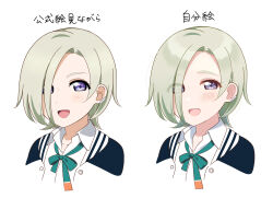  1girl :d black_jacket blush collarbone collared_shirt commentary_request cropped_shoulders earclip eyes_visible_through_hair green_hair green_ribbon grey_eyes hair_over_one_eye highres ishimochi_(daleka333) jacket letterman_jacket looking_at_viewer loose_neck_ribbon love_live! love_live!_nijigasaki_high_school_idol_club mia_taylor multiple_drawing_challenge multiple_views neck_ribbon nijigasaki_school_uniform official_style on-model_vs_in_your_style_challenge open_clothes open_jacket open_mouth ribbon school_uniform shirt short_hair simple_background smile violet_eyes white_background white_shirt winter_uniform 
