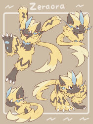  absurdres black_fur blue_eyes brown_background character_name claws highres multiple_views neko_gyoza open_mouth pokemon pokemon_(creature) simple_background two-tone_fur yellow_fur zeraora 