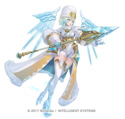  1girl attack blonde_hair blue_eyes breasts brooch cape capelet commentary_request copyright_notice earrings emblem fire_emblem fire_emblem_heroes fjorm_(fire_emblem) fjorm_(icy_miracle)_(fire_emblem) fur-trimmed_cape fur_hat fur_trim gloves green_eyes hat holding holding_polearm holding_weapon ice ice_skates ice_wings jewelry maeshima_shigeki medium_breasts multicolored_hair official_alternate_costume official_art parted_lips polearm short_hair short_hair_with_long_locks skates solo thigh-highs weapon white_capelet wings 