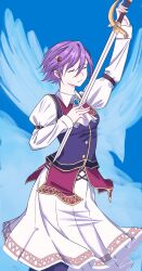  1girl absurdres ascot brooch closed_eyes commentary cowboy_shot double-parted_bangs eiyuu_densetsu hair_between_eyes hair_ornament hairpin highres holding holding_sword holding_weapon jacket jewelry kloe_rinz long_sleeves nyuusai puffy_long_sleeves puffy_sleeves purple_hair rapier short_hair simple_background skirt sleeveless sleeveless_jacket solo sora_no_kiseki sword two-tone_background upper_body weapon white_ascot white_skirt wings 
